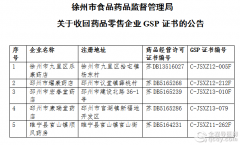 徐州药监局将收回九里区乐康等5家药店零售企业GSP证书